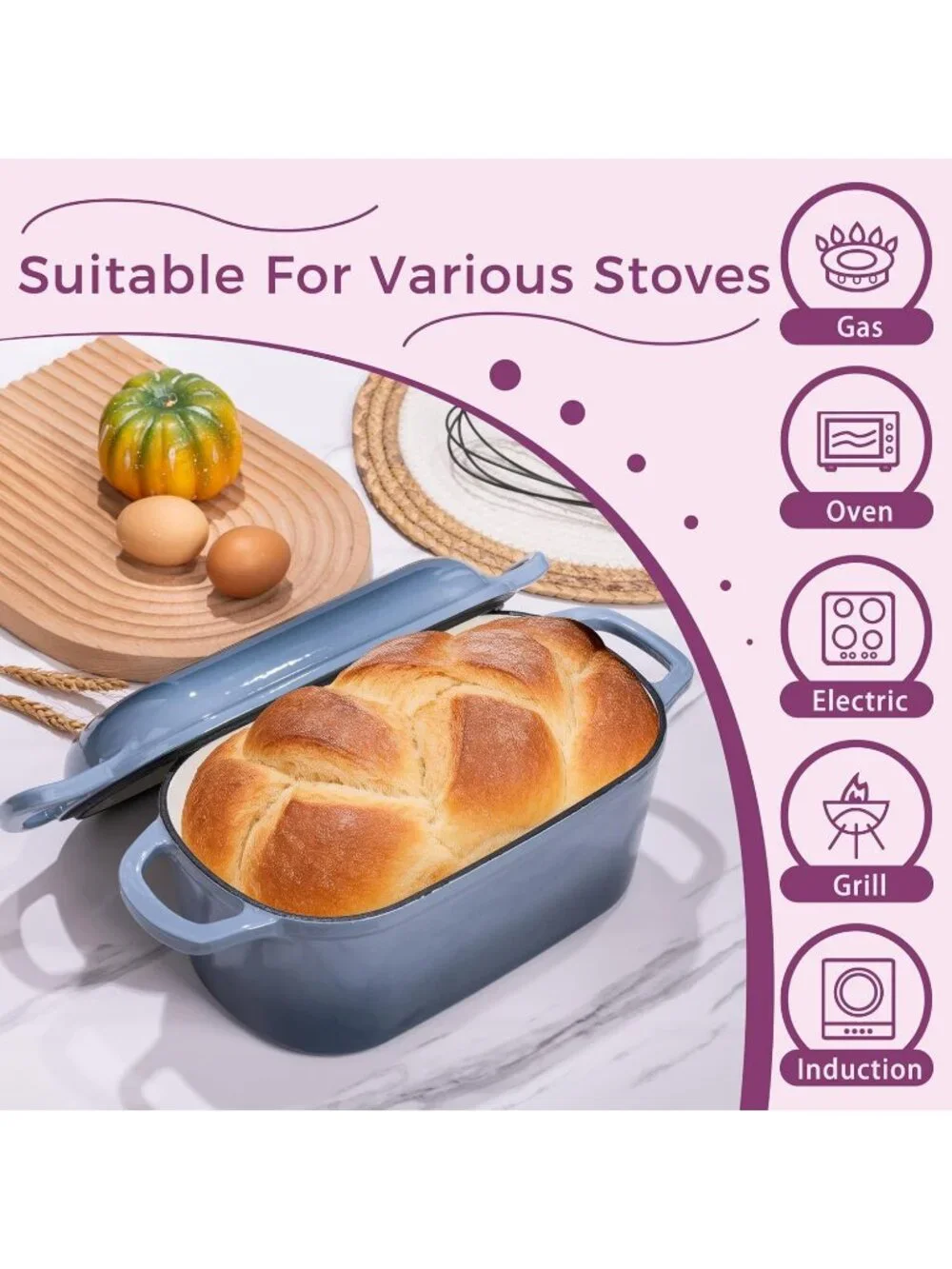 4.6-Quart Seasalt Oval Dutch Oven for Bread Baking 2 in 1 Enameled Cast Iron Pan